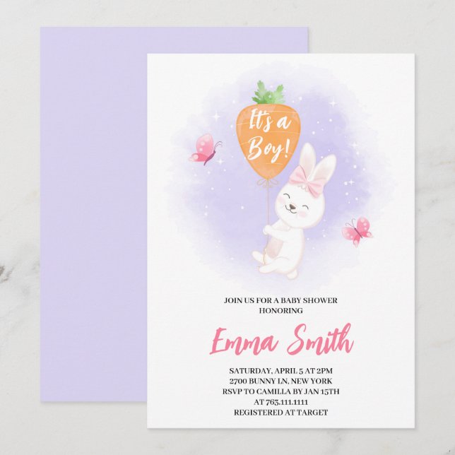C'est une invitation de Baby shower de lapin migno (Devant / Derrière)