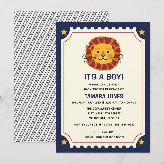 C'est une Invitation de Baby shower de Lion de la  (Devant / Derrière)