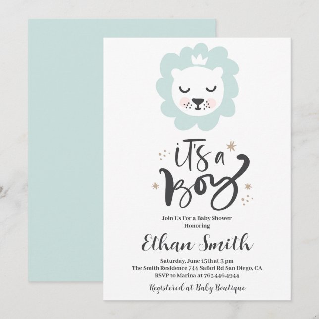 C'est une invitation de Baby shower de Lion Garçon (Devant / Derrière)
