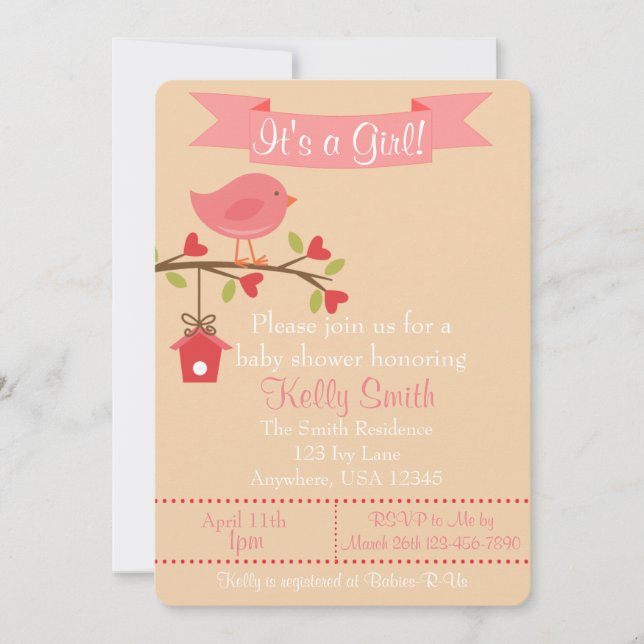 C'est une Invitation de Baby shower d'oiseaux rose (Devant)