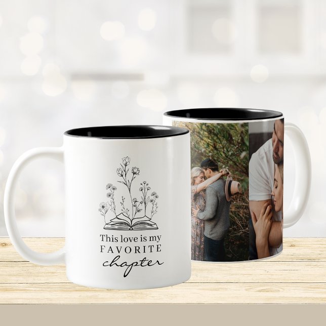 Cet amour, les amateurs de livre Coffee Mug (Photo coffee mug with book and flowers graphic with text "This love is my favorite chapter")
