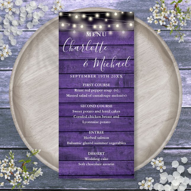 Chaîne Lumières violet rustique Mariage Menu (String Lights Purple Rustic Wood Wedding Menu)