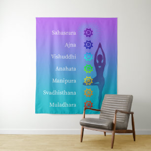 Chakra Tree Pose: Spirituelle Kunst Yoga Meditatio Wandteppich