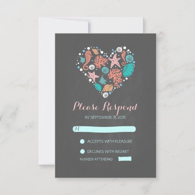 Chalet Strand Herz lässig Hochzeit RSVP Karten (Vorderseite)