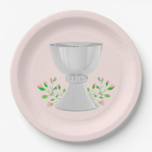 Chalice and Pink Buds Grüne erste Kommunion Pappteller