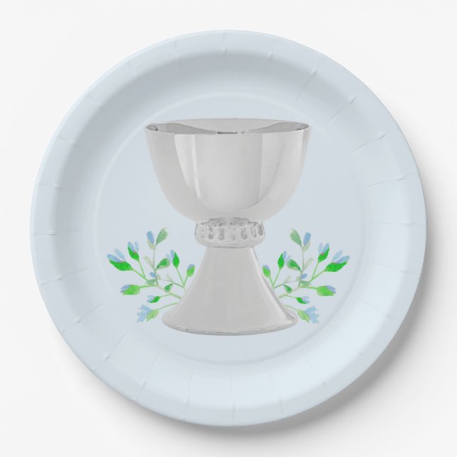 Chalice und Blue Buds Grüne erste Kommunion Pappteller (Vorderseite)