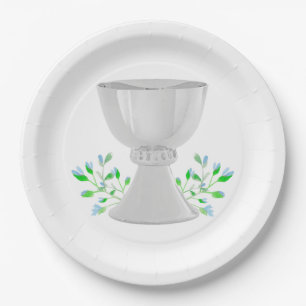 Chalice und Blue Buds Grüne erste Kommunion Pappteller