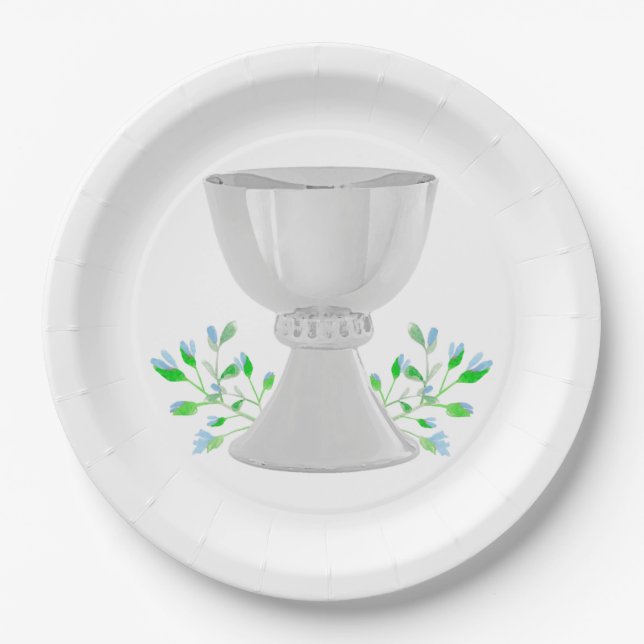 Chalice und Blue Buds Grüne erste Kommunion Pappteller (Vorderseite)
