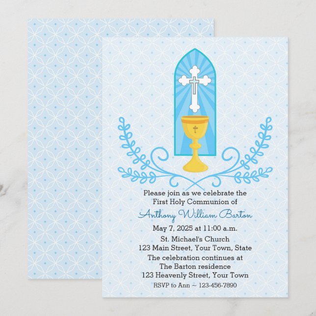 Chalice und Cross Blue Erste Kommune Einladung (Vorne/Hinten)
