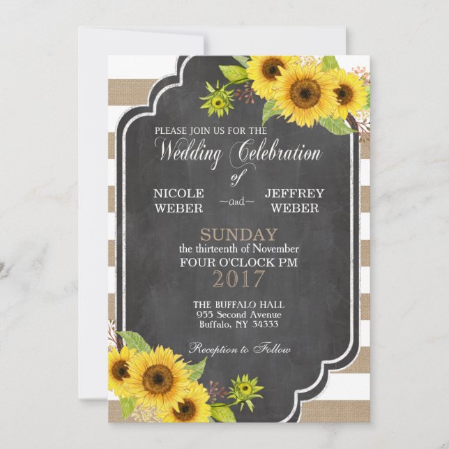 Chalk Burlap Floral Mariage Tournesol Invitation (Devant)