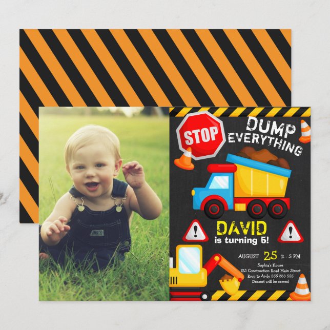 Chalk Construction Birthday Boy Truck mit Foto Einladung (Vorne/Hinten)