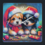 Chalk Drawing Two Cute Puppies in Santa Hats Quadratische Wanduhr<br><div class="desc">Chalk Drawing Two Cute Puppies in Santa Hats Designed by Carrie Fink. Printed and shipped by Zazzle or their partners.</div>