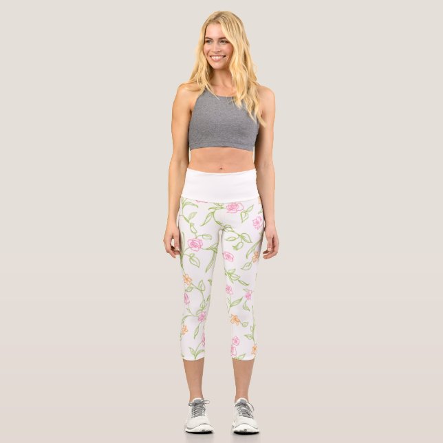 Chalk Gezeichnet Rose Hintergrund Capri Leggings (Vorderseite)