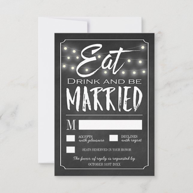 Chalk isst Drink und sei Verheirateter Hochzeitska RSVP Karte (Vorderseite)