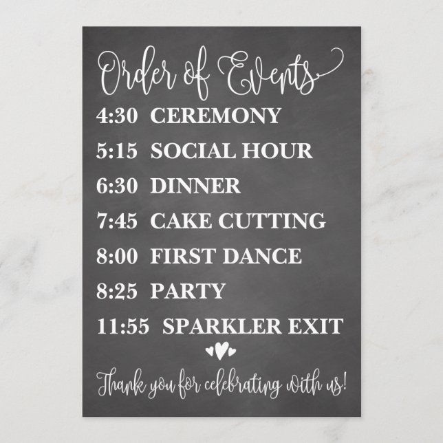 Chalk-Reihenfolge der Veranstaltungen Hochzeitspla Menükarte (Vorderseite)