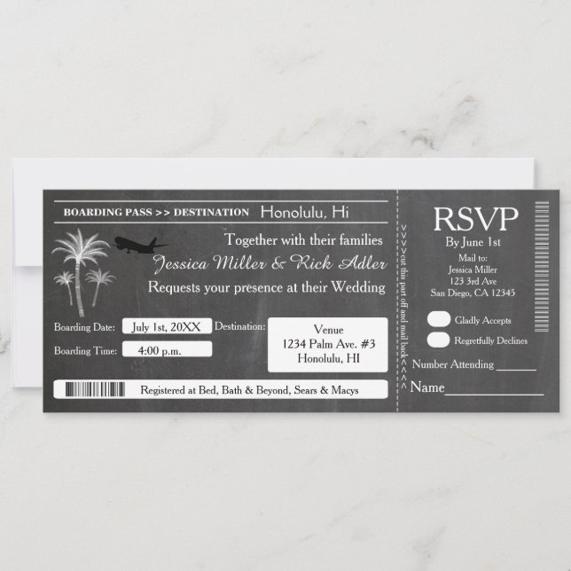 Chalk Wedding Destination Ticket Einladung UAWG (Vorderseite)