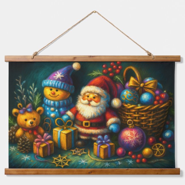 Chalk Zeichne Niedliche Weihnachtsspielzeuge Ornam Wandteppich Mit Holzrahmen (Vorne)