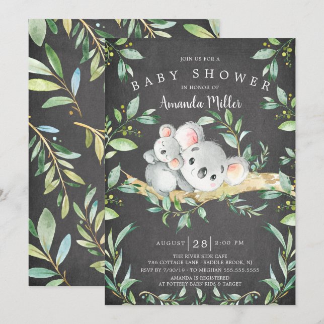 Chalkboard Adorable Koala Bear Baby Dusche Einladung (Vorne/Hinten)