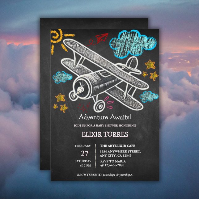 Chalkboard Adventure erwartet Airplane Baby Shower Einladung (Von Creator hochgeladen)