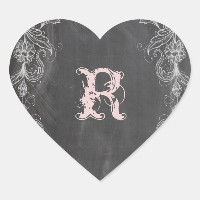 Chalkboard Antique Pink Floral Monogram Siegel Herz-Aufkleber (Vorderseite)