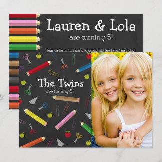 Chalkboard Apple Pencil Crayons Birthday Twins Einladung