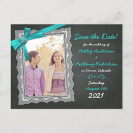 Chalkboard Aquamarin Bow Foto Hochzeit Speichern S Ankündigungspostkarte