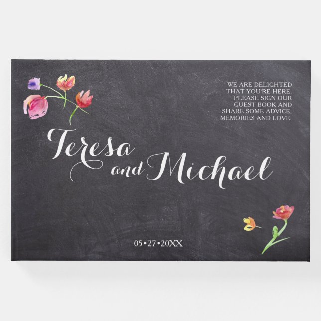 Chalkboard Aquarellmalerei, rustikal, Blume Gästebuch (Vorderseite)
