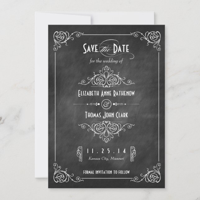 Chalkboard Art Deco Speichern Sie die Datumskarten Save The Date (Vorderseite)