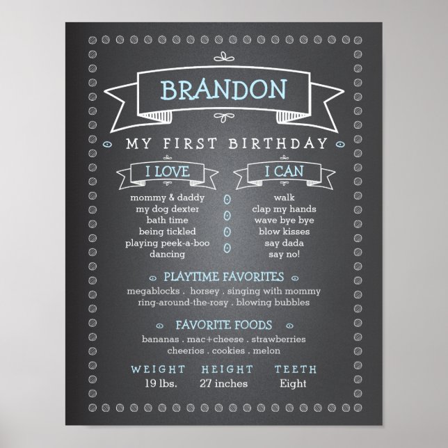 Chalkboard Baby First Birthday Milestone Board Poster (Vorne)