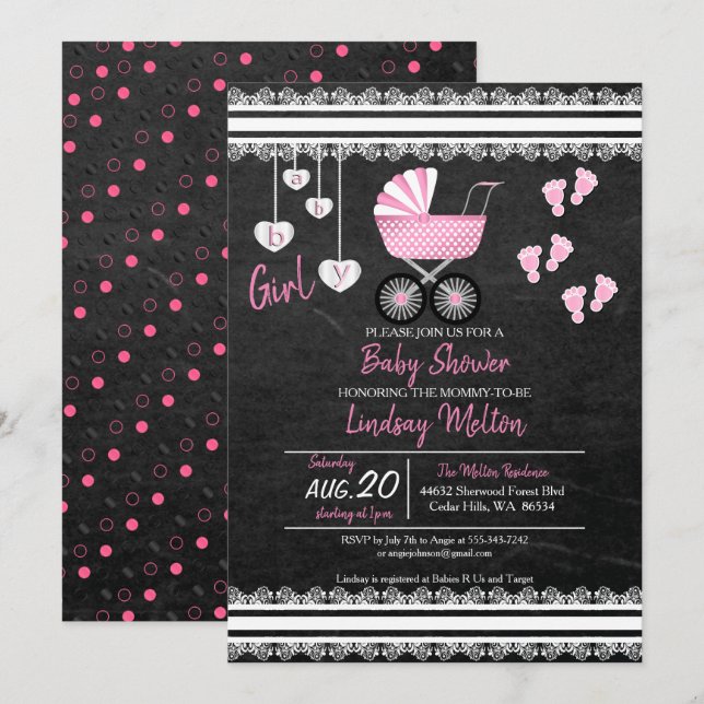 Chalkboard Baby Girl Dusche Design Einladung (Vorne/Hinten)
