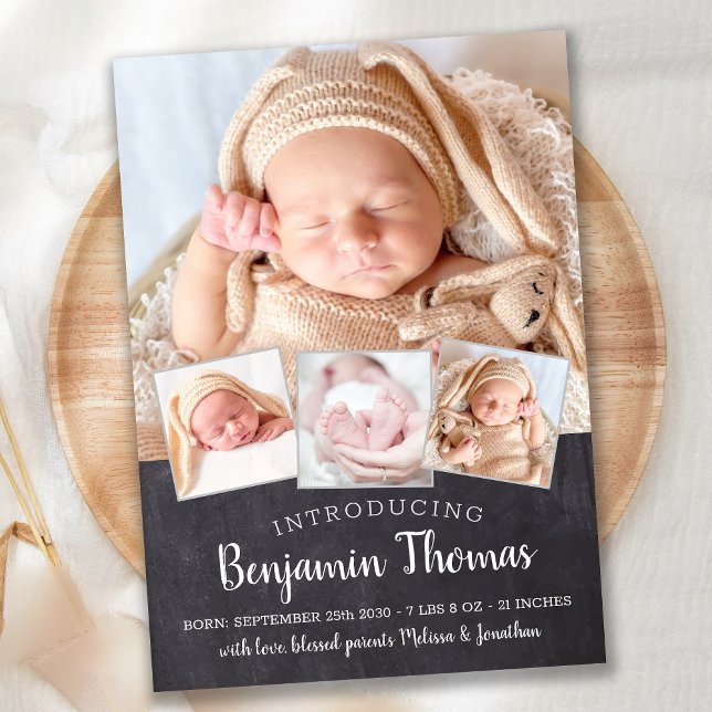 Chalkboard Baby Personalisiert 4 Foto Collage Birt Ankündigung (Von Creator hochgeladen)