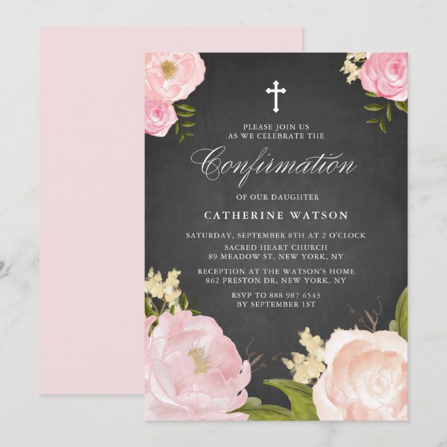 Chalkboard-Bestätigung für Aquarellpink-Peonies Einladung (Vorne/Hinten)