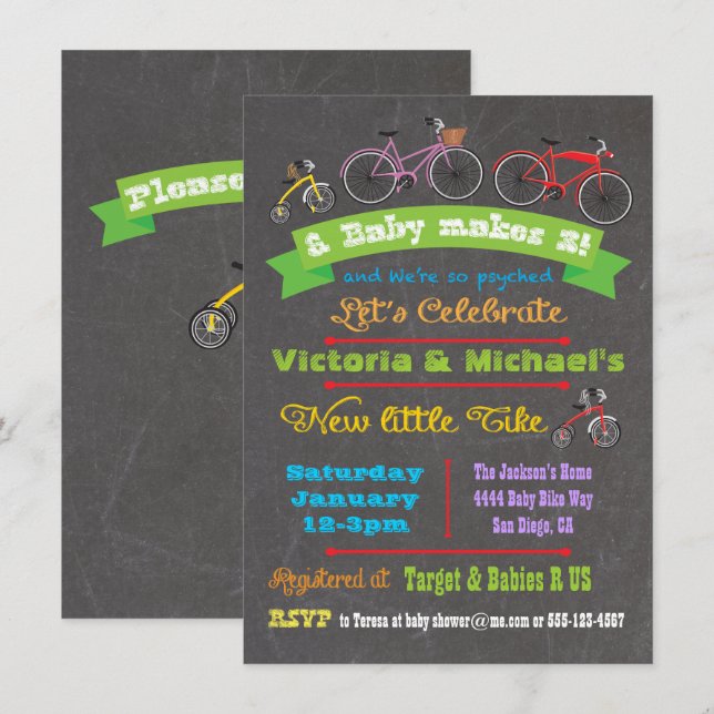 Chalkboard Bicycle Baby Dusche Einladung (Vorne/Hinten)