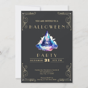 Chalkboard Black & Gold Blue Cauldron Halloween Einladung