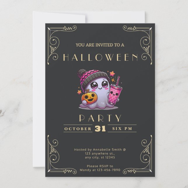 Chalkboard Black & Gold Ghost Stars Niedliches Hal Einladung (Vorderseite)