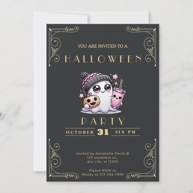 Chalkboard Black & Gold Ghost Stars Niedliches Hal Einladung (Vorderseite)