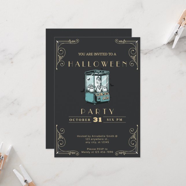 Chalkboard Black & Gold Grab ein Ghost Halloween Einladung (Vorderseite/Rückseite Beispiel)