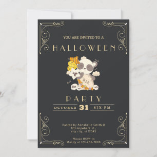 Chalkboard Black & Gold Panda Grave RIP Halloween Einladung