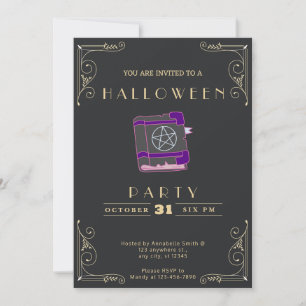 Chalkboard Black & Gold Pentagramm Buch Halloween Einladung