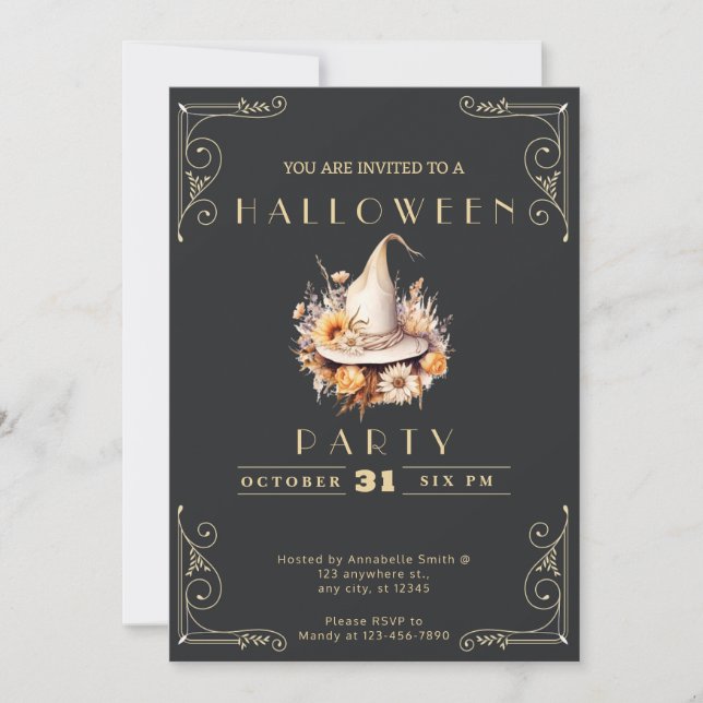 Chalkboard Black & Gold Witch's Hat Halloween Einladung (Vorderseite)