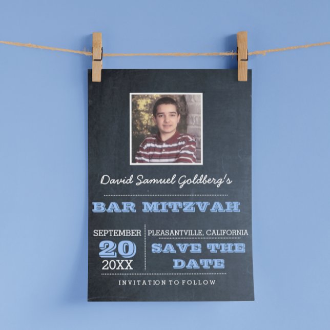 Chalkboard Blue Bar Mitzvah Foto Save the Date Ankündigungspostkarte (Von Creator hochgeladen)