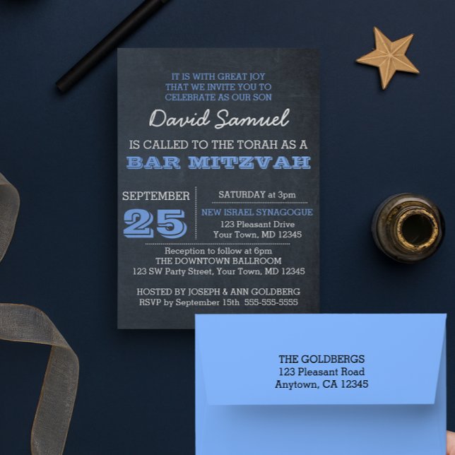 Chalkboard Blue Bar Mitzvah Invitation (Créateur téléchargé)
