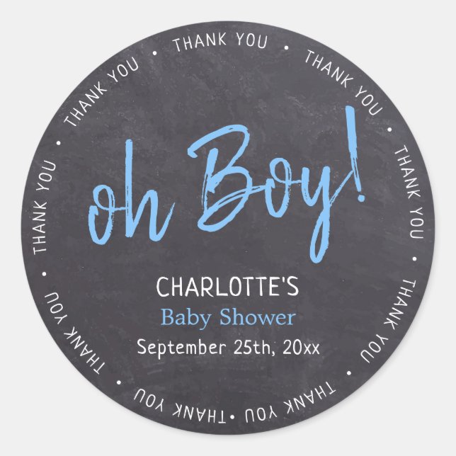 Chalkboard Blue Boy Baby Dusche Vielen Dank Runder Aufkleber (Vorderseite)