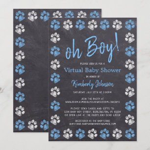 Chalkboard Blue Boy Paw Print Virtual Baby Dusche Einladung