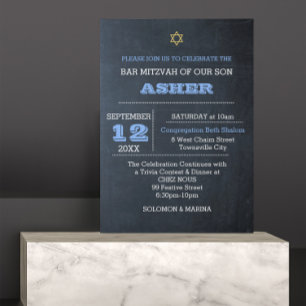 Chalkboard Blue Large Name Bar Mitzvah Einladung