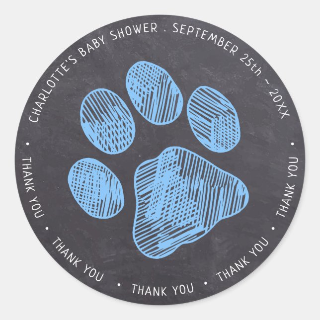 Chalkboard Blue Paw Print Baby Dusche Vielen Dank Runder Aufkleber (Vorderseite)