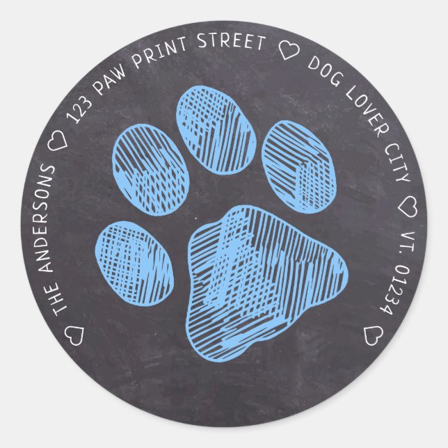 Chalkboard Blue Paw Print Return Address Label Runder Aufkleber (Vorderseite)