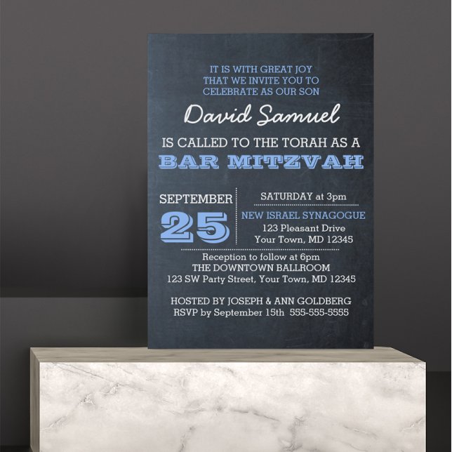 Chalkboard Blue Photo Bar Mitzvah Invitation (Créateur téléchargé)