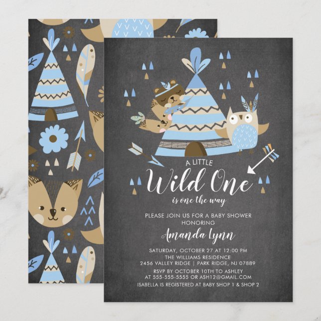 Chalkboard Boys Wild One Baby Shower Einladung (Vorne/Hinten)