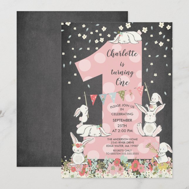 Chalkboard Bunny Big One Girls Einladung zum Gebur (Vorne/Hinten)